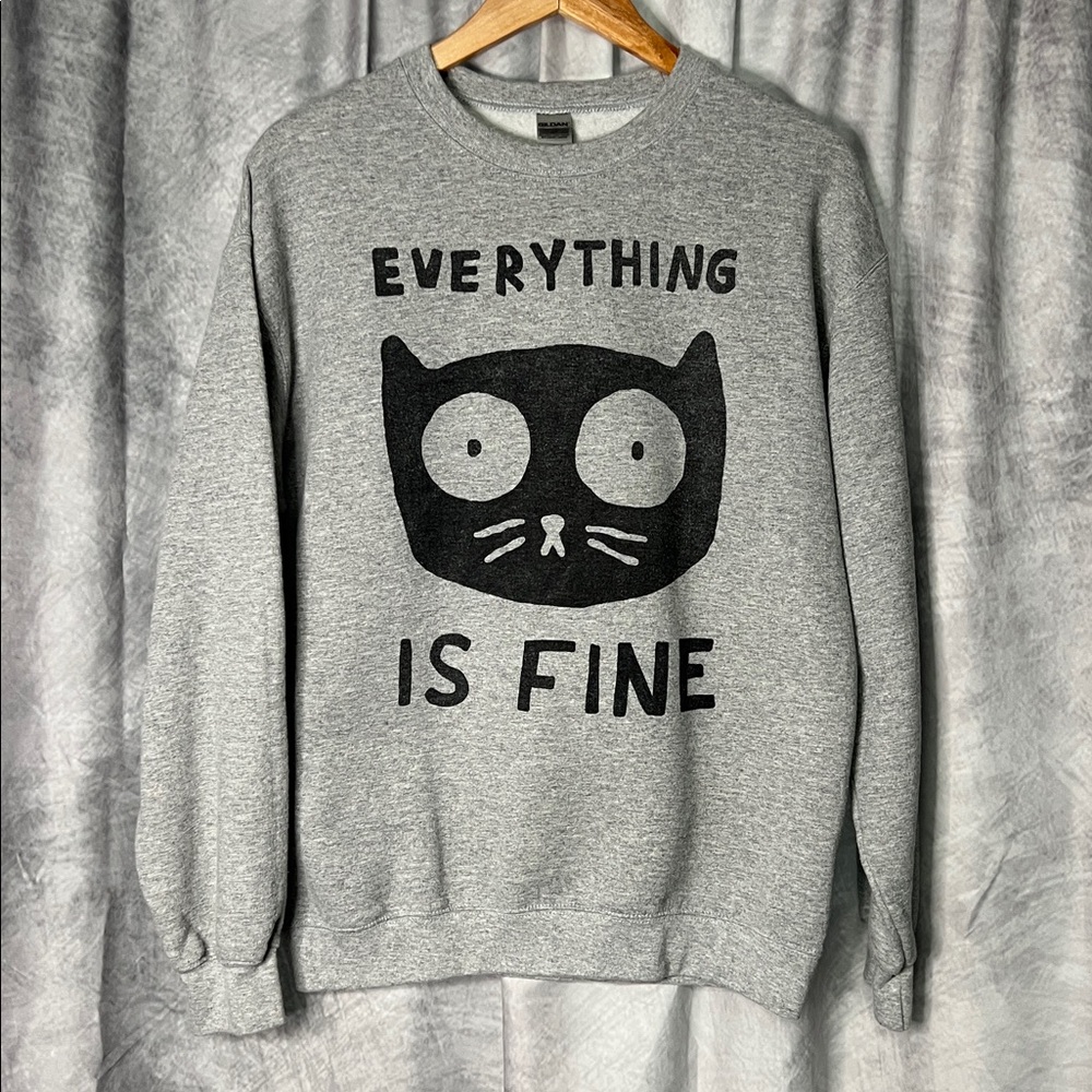 LookHUMAN  Gray Heavy Blend Surprised Cat Everything Is Fine Sweatshirt - MED